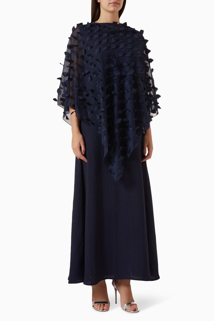 

Appliquéd Poncho & Maxi Dress Set in Crepe & Chiffon, Blue