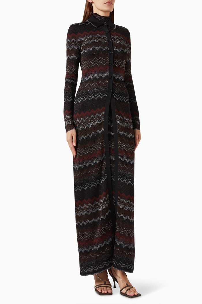 

Zig-Zag Buttoned Long Cardigan in Knit, Black