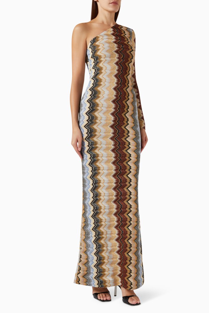 

Zig Zag One-shoulder Maxi Dress in Lurex, Brown