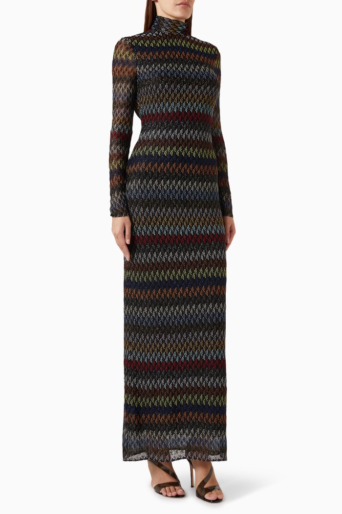 

Zig-zag Turtleneck Maxi Dress in Knit, Multicolour