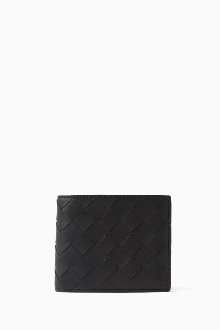 Bi-fold Wallet in Intrecciato Leather, Black