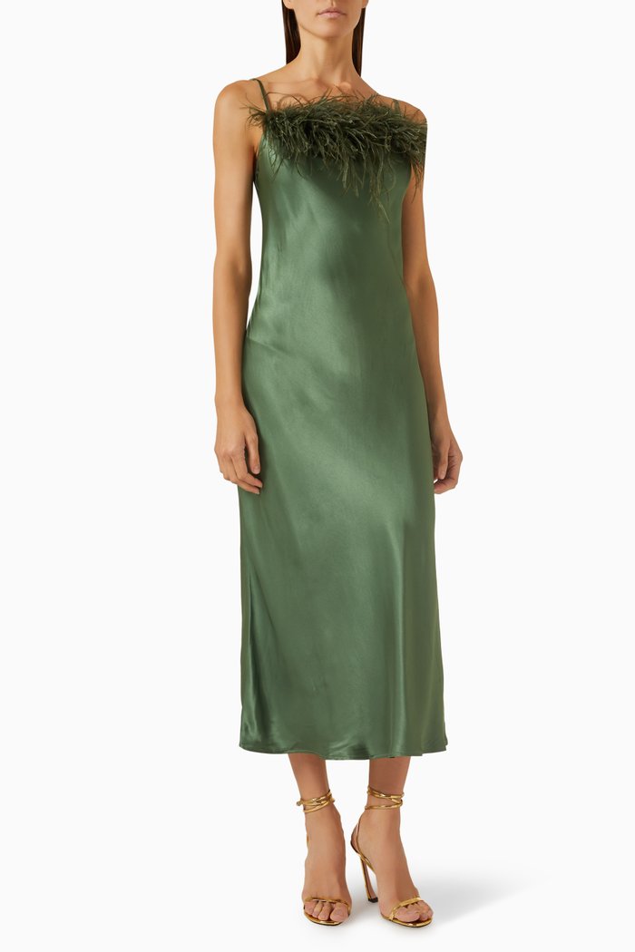 

Boheme Feather-trimmed Midi Slip Dress in Ecovero, Green