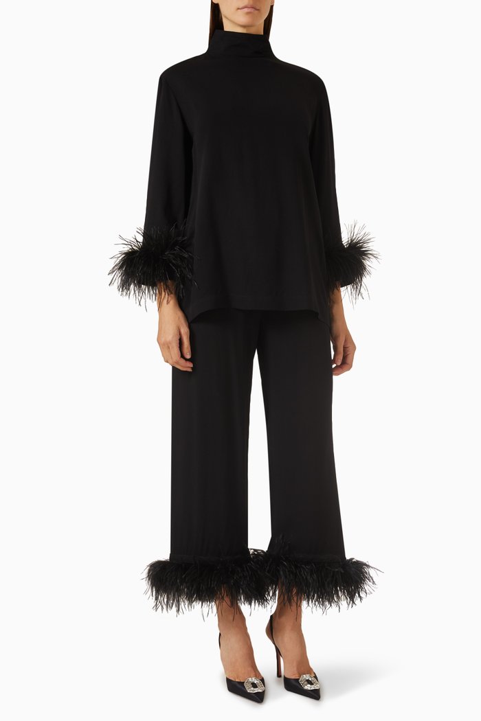 

Detachable Feathers Black Tie Pyjama Set in Viscose