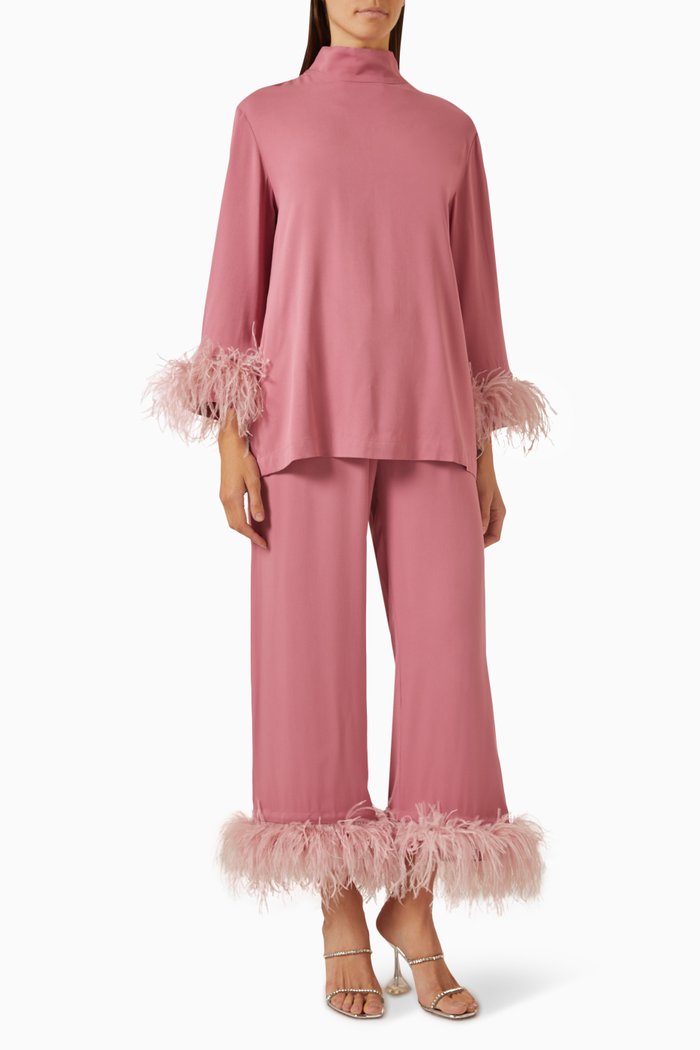 

Detachable Feathers Black Tie Pyjama Set in Viscose, Pink