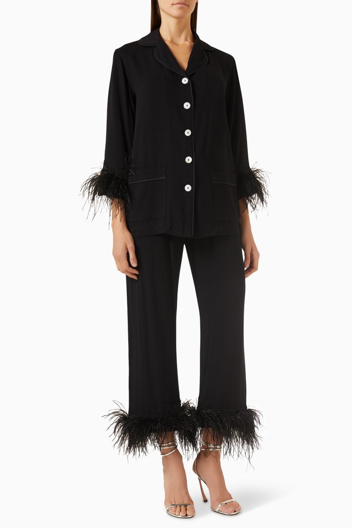 

Detachable Feather Party Pyjama Set in Viscose, Black