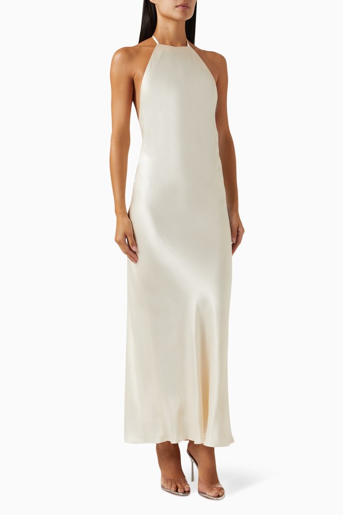 

La Lune Low Back Halter Neck Midi Dress, Neutral