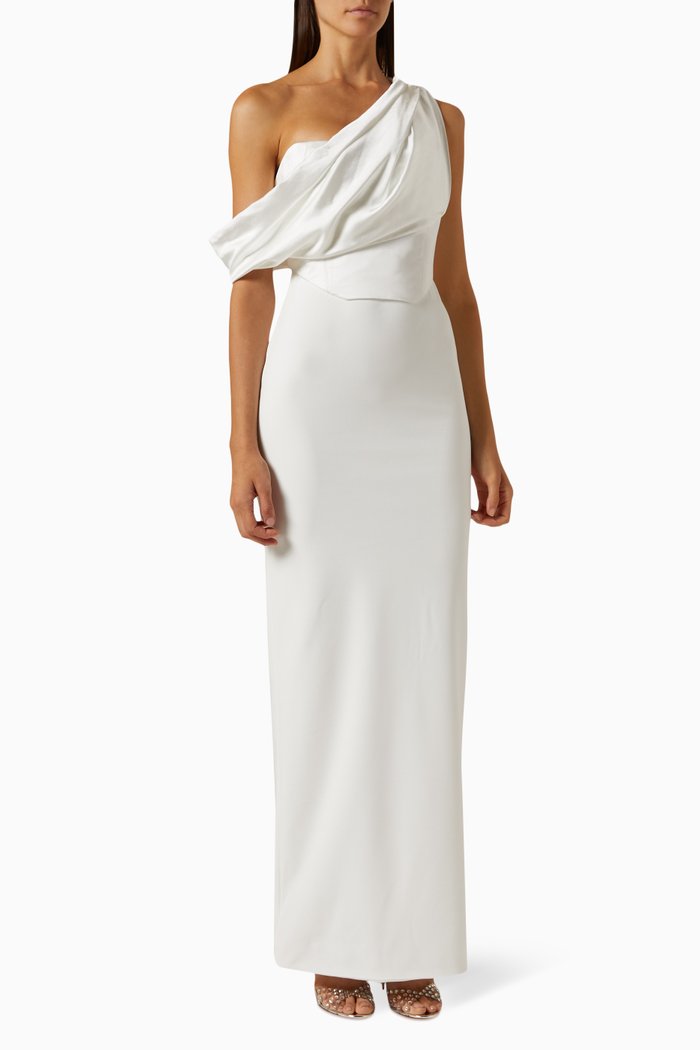 Kara One-shoulder Maxi Dress in Satin & Crepe-knit, White