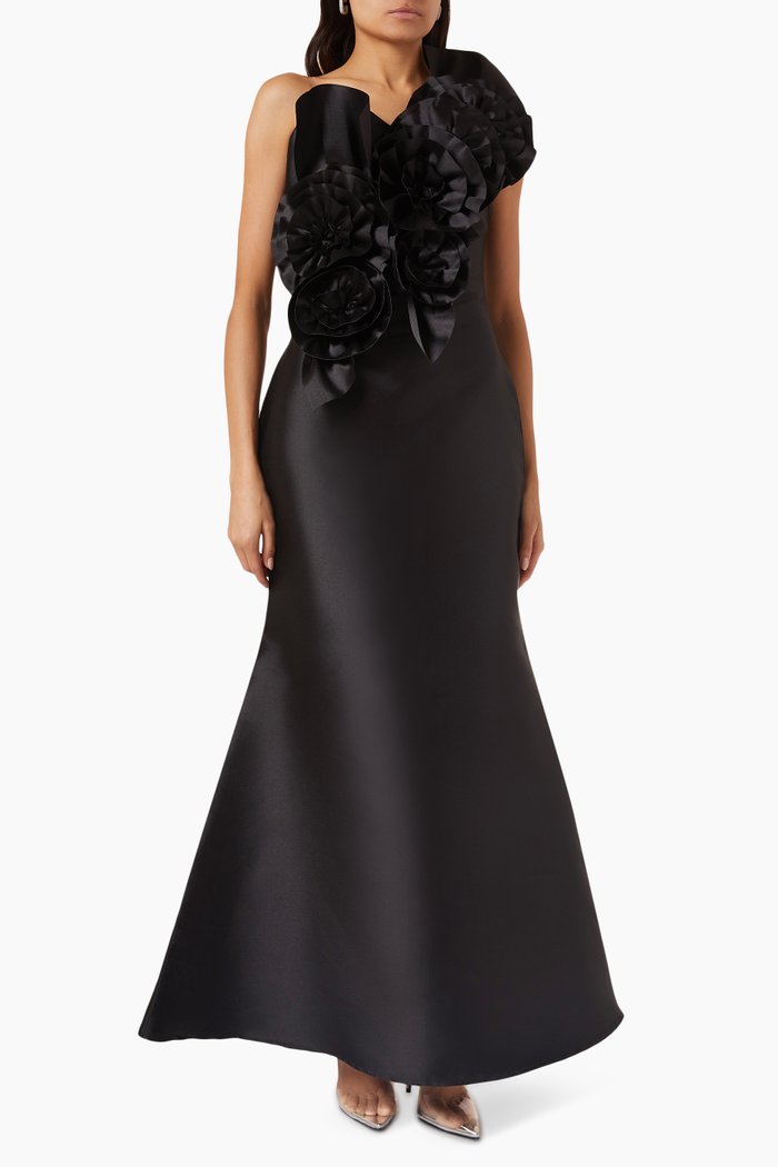 

Floral Ruffle Dress in Mikado, Black