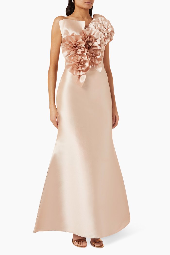 

Floral Ruffle Dress in Mikado, Orange