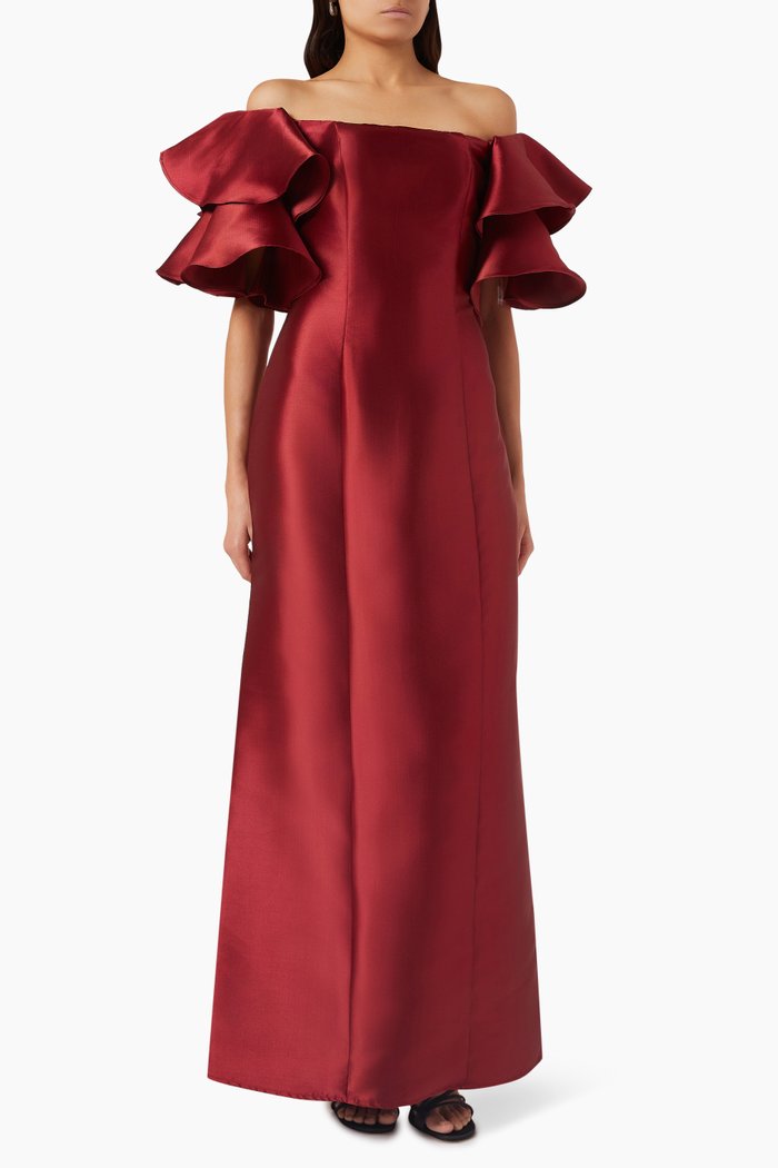 

Ruffle-sleeve Maxi Dress in Mikado, Red