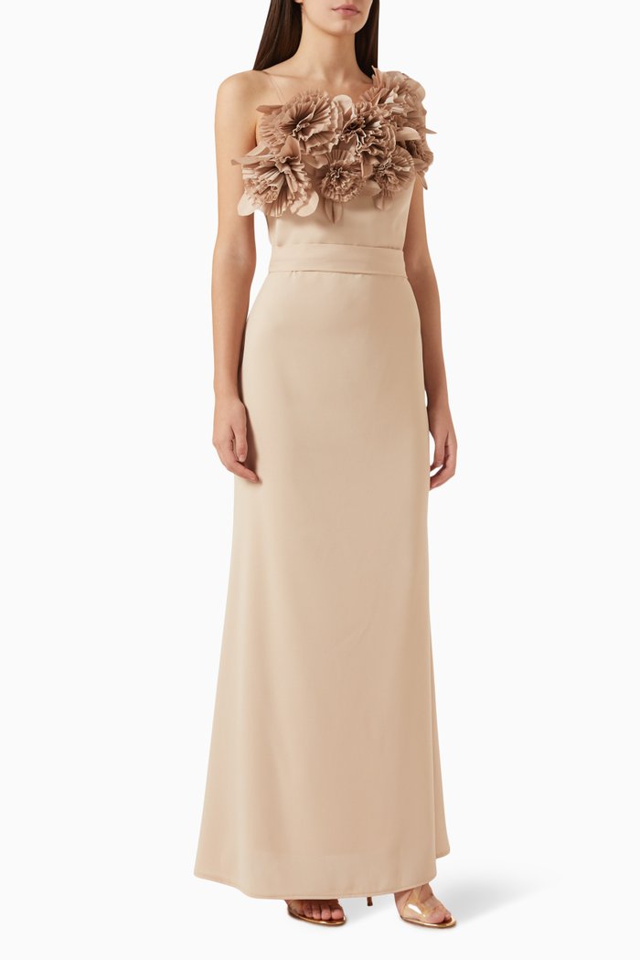 

Ruffle Floral Maxi Dress in Crepe, Neutral