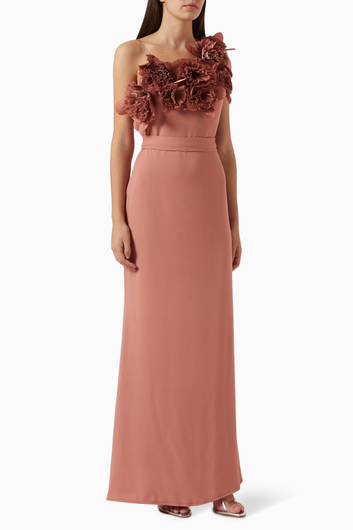 

Ruffle Floral Maxi Dress in Crepe, Pink