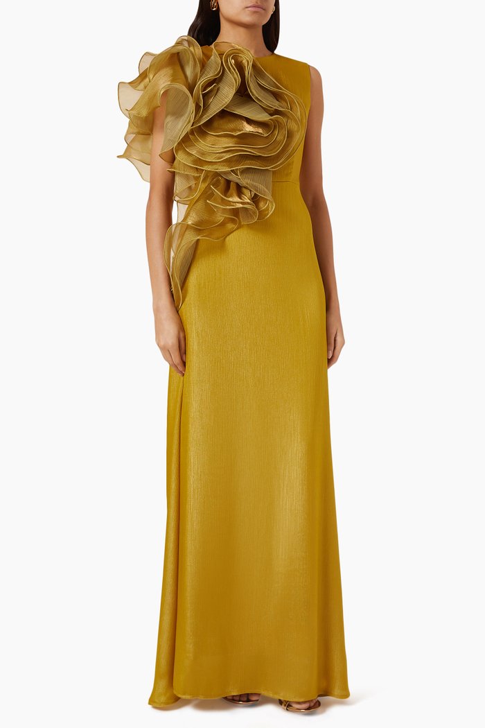 Ruffle Maxi Dress in Crush-satin, Yellow