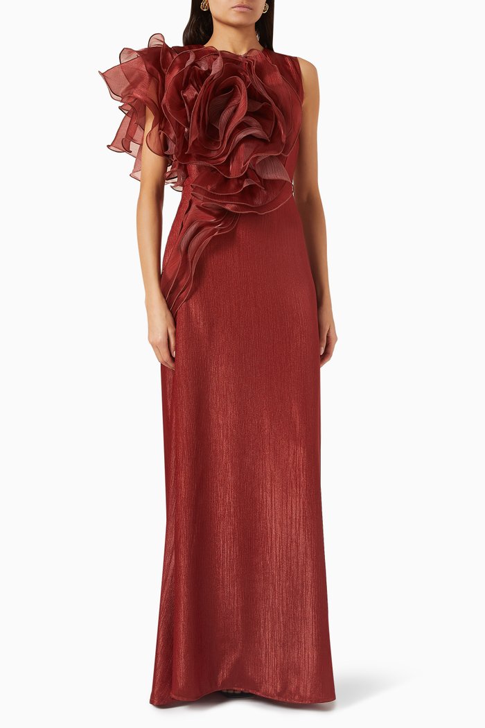 

Ruffle Maxi Dress in Crush-satin, Brown