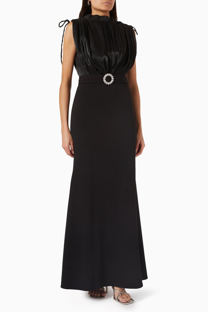 

Embellished Belted Maxi Dress in Stretch-knit, Black