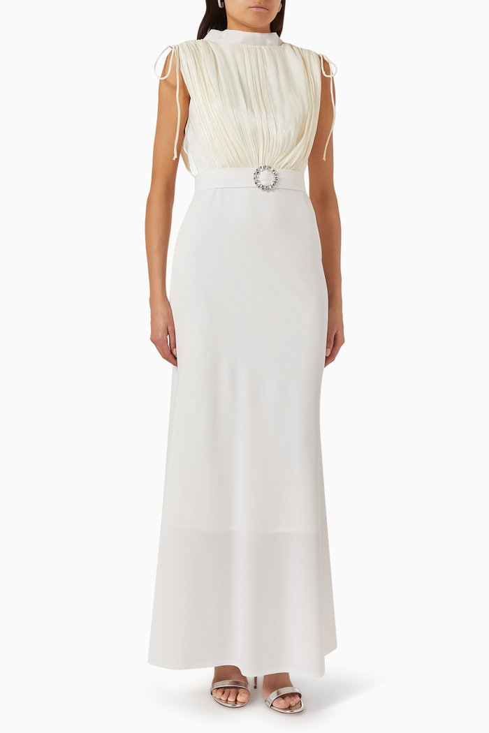 

Embellished Belted Maxi Dress in Stretch-knit, Neutral