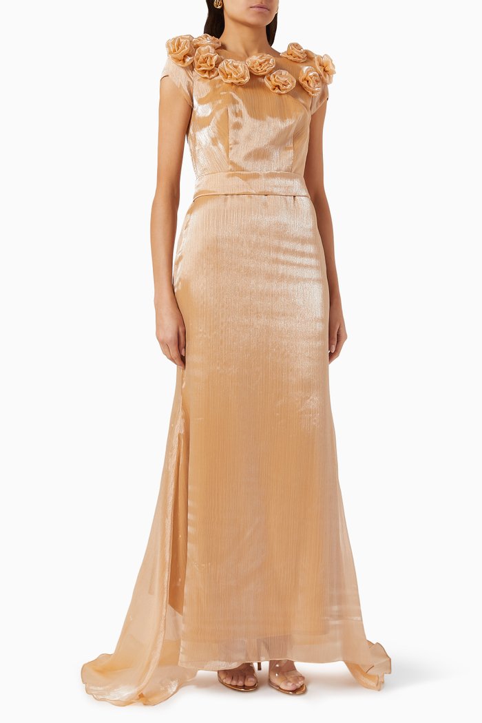 

Floral-applique Maxi Dress, Gold