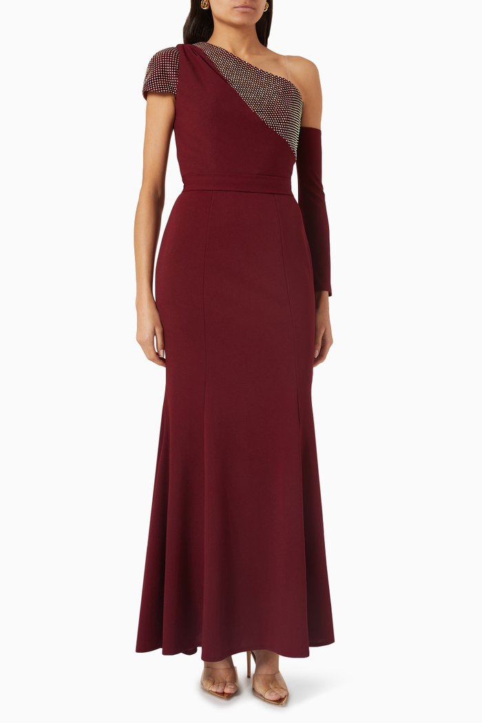 

Crystal-embellished One-shoulder Dress, Red