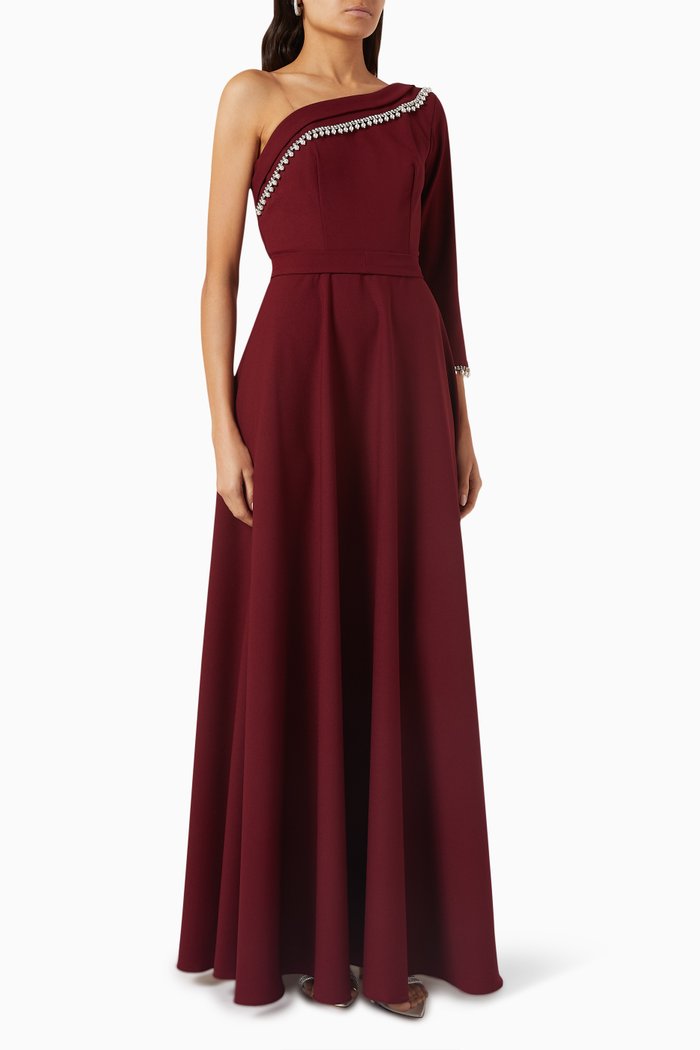 

Embellished One-shoulder Dress, Red