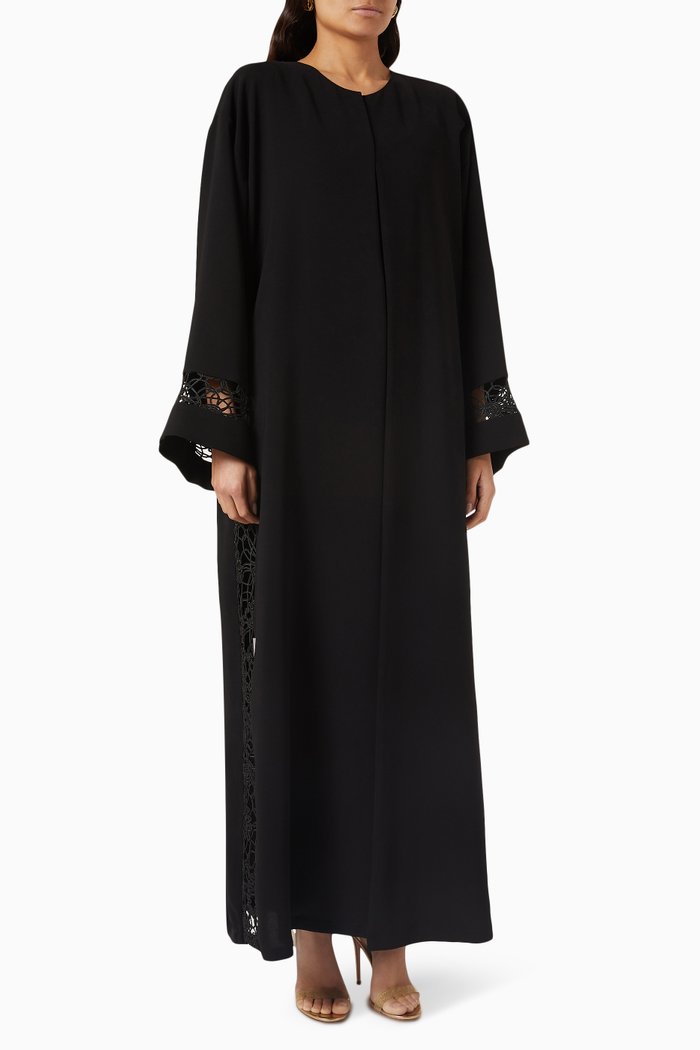 

Scalloped Lace Abaya Poly-crepe, Black
