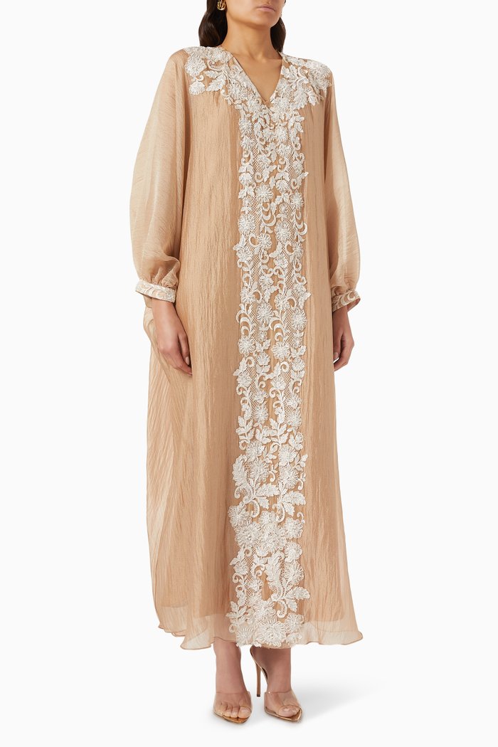 

Floral Lace Kaftan in Glitter Organza, Gold