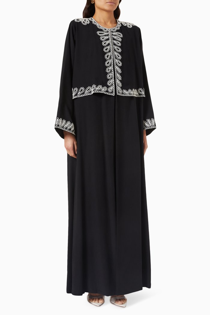 

Floral-embroidered Abaya in Crush-cotton, Multicolour