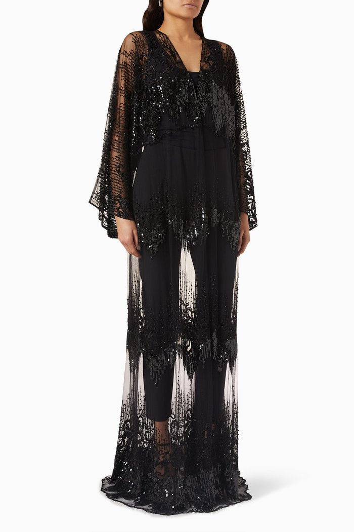 

Sequin-embellished Abaya in Tulle, Black