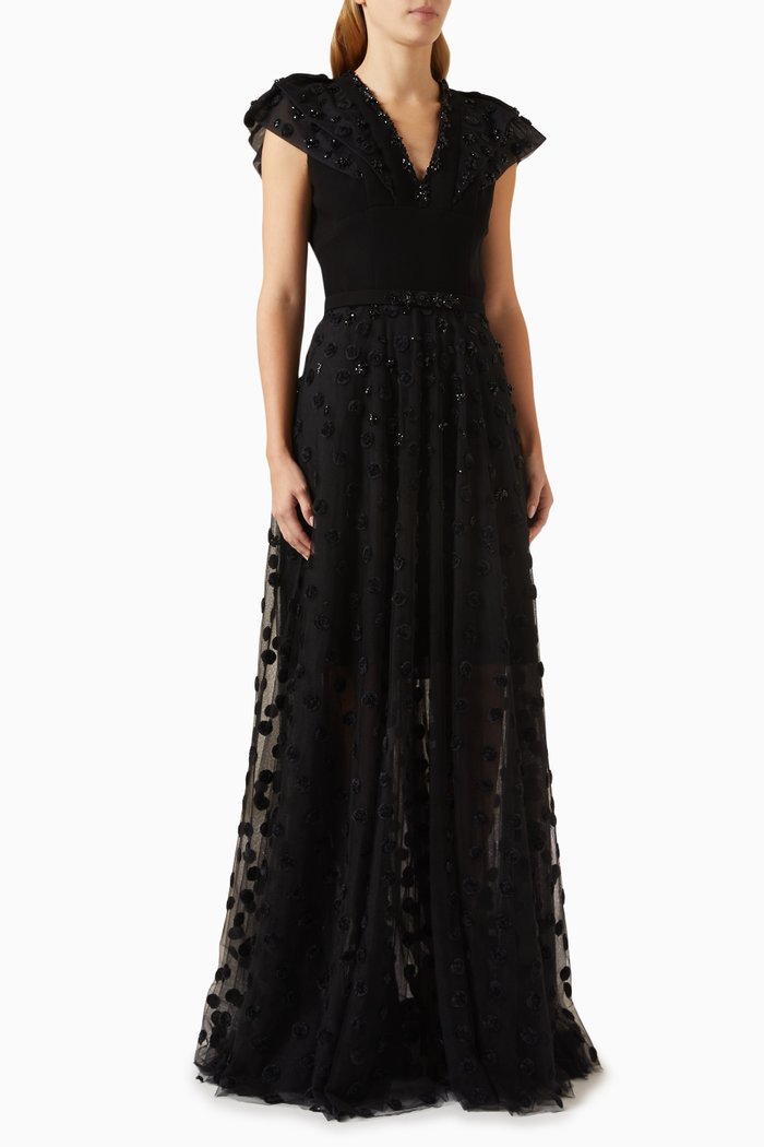 

Beaded Polka Dot Maxi Gown in Tulle, Green
