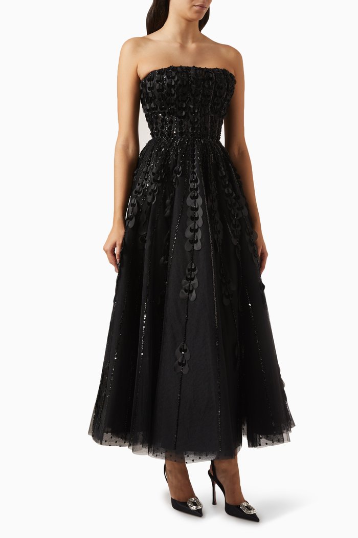 

Beaded Strapless Maxi Dress in Tulle, Black