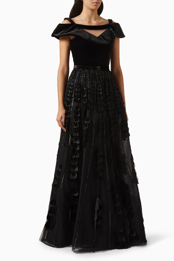 

Beaded Off-shoulder Maxi Dress in Velvet, Black