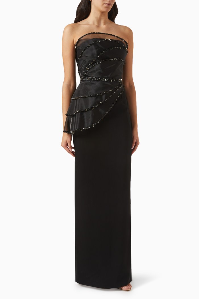 

Beaded Strapless Maxi Dress in Crepe, Black