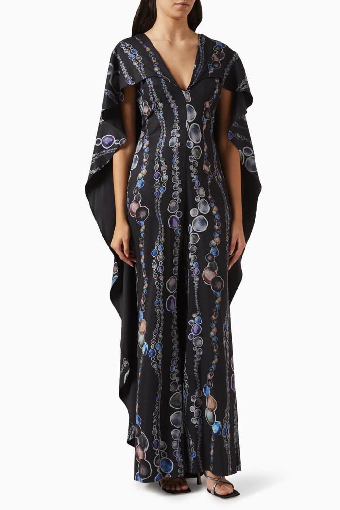 

Printed Cape Jumpsuit in Crepe, Black