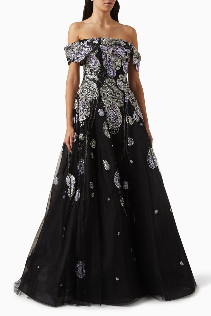 

Beaded Off-shoulder Maxi Dress in Tulle, Multicolour
