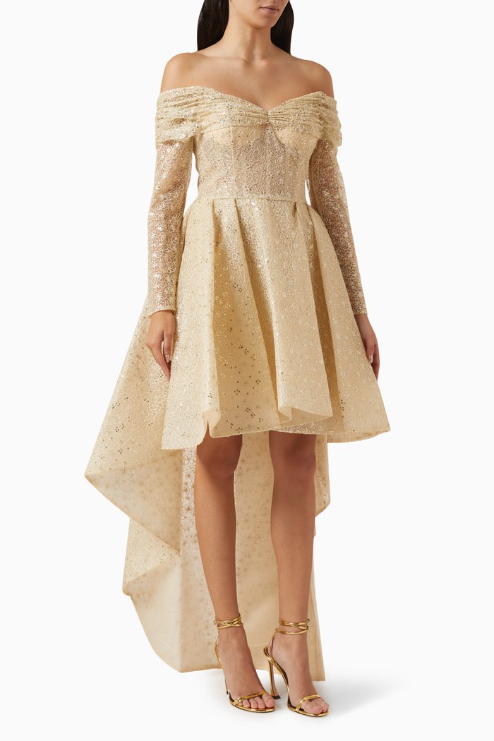 

Beaded Lace High-low Mini Dress in Tulle, Neutral
