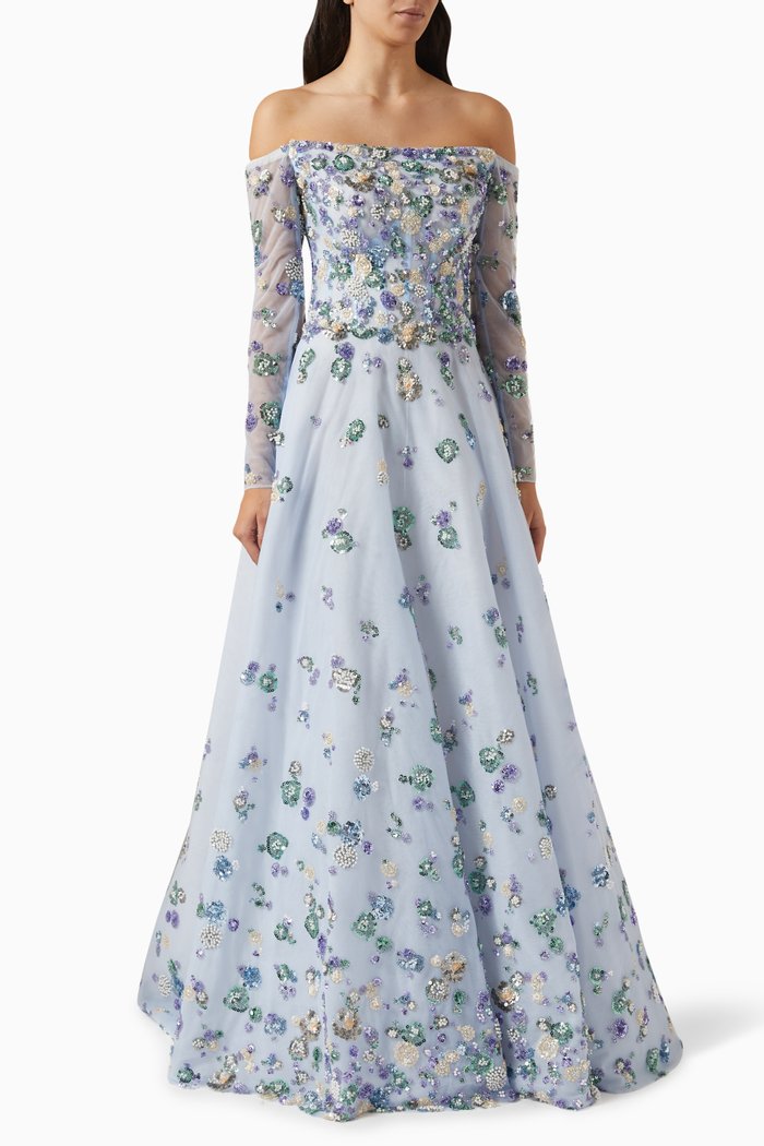 

All-over Beaded Gown in Tulle, Multicolour