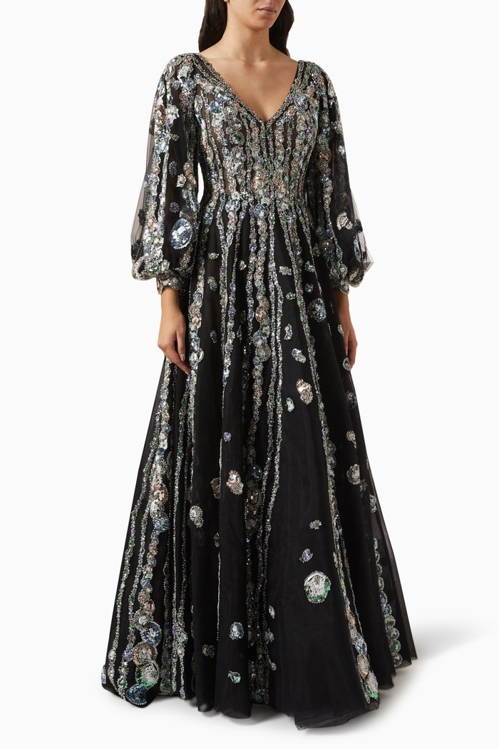 

Bell Sleeved Dress in Beaded Tulle, Multicolour