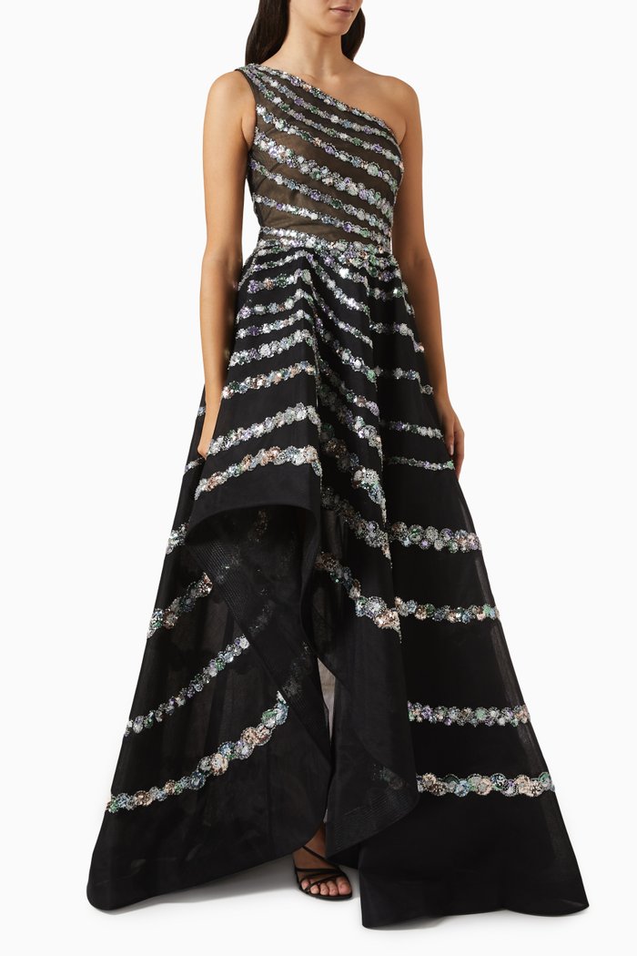 

Beaded One-shoulder Gown in Tulle, Multicolour