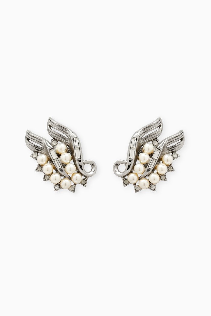 

1980s Vintage Trifari Faux Pearl Clip-On Earrings, Silver