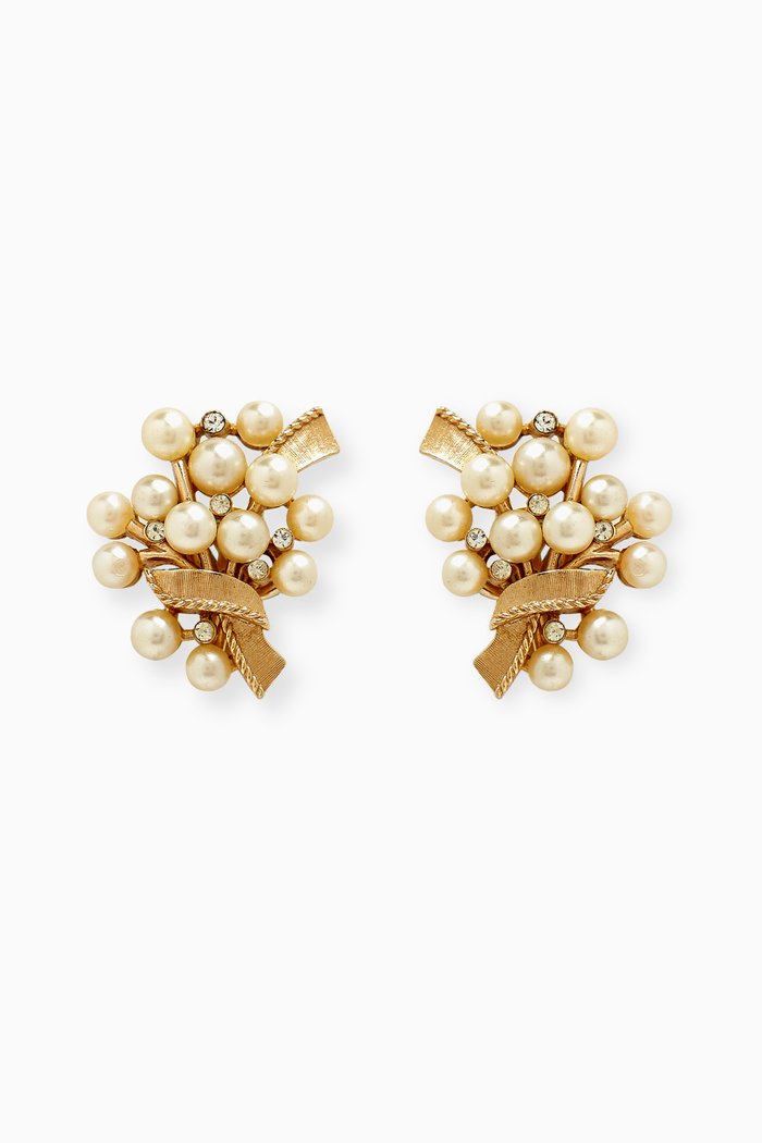 

1960s Vintage Trifari Faux Pearl & Crystal Clip-On Earrings, Gold