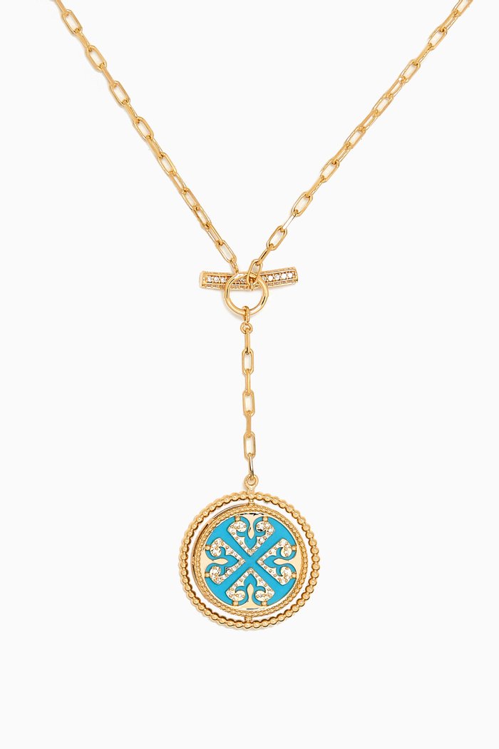 Lace Lariat Turquoise Medallion Necklace in 18kt Yellow Gold