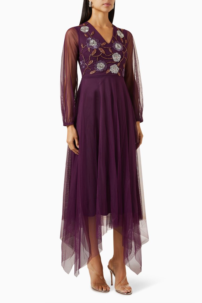 

Embellished Hanky-hem Midi Dress in Tulle, Purple
