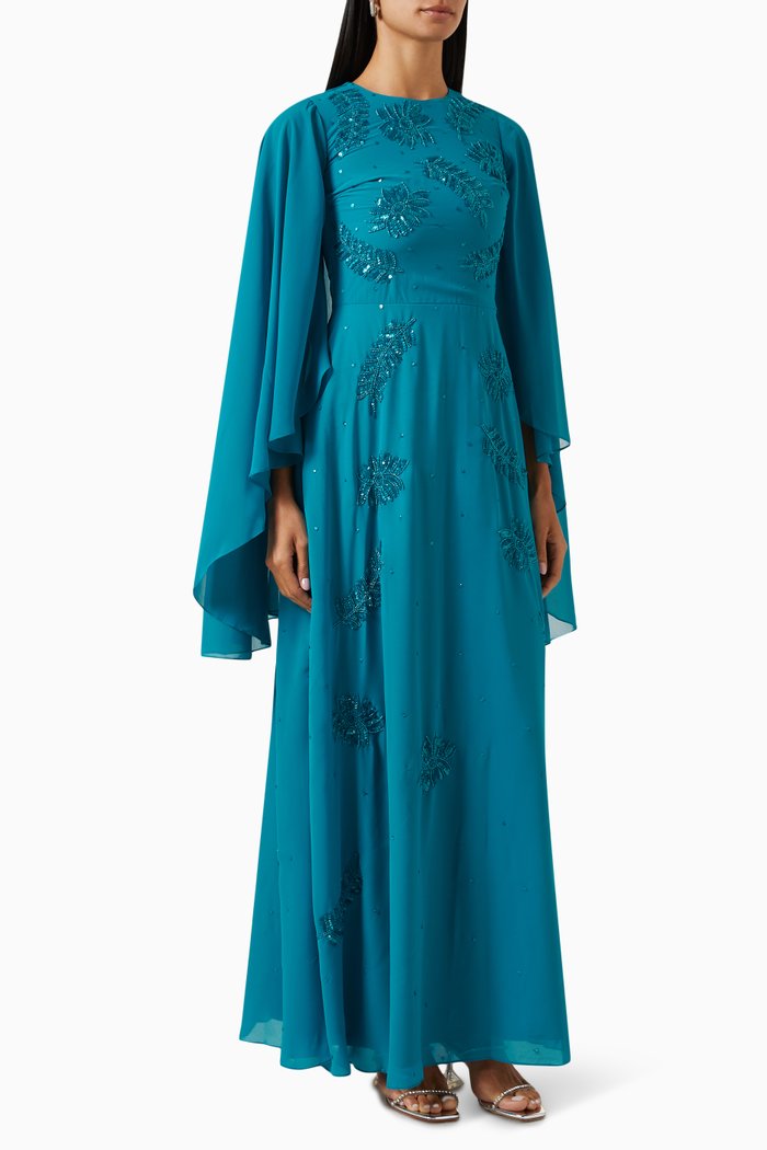 Embellished Cape-sleeve Maxi Dress, Blue