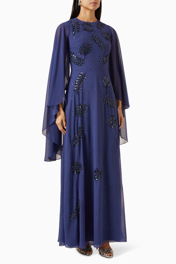 Embellished Cape-sleeve Maxi Dress, Blue