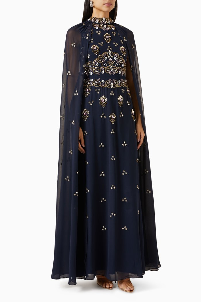 

Embellished Cape-sleeve Maxi Dress, Blue