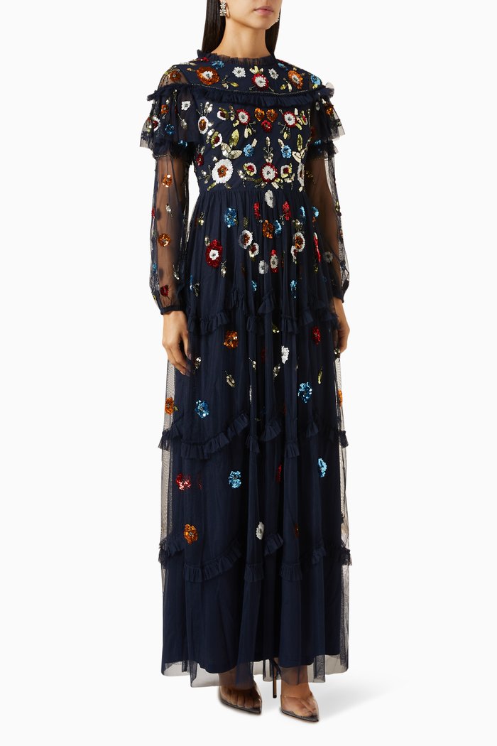 Sequin-embellished Ruffled Maxi Dress in Tulle, Blue