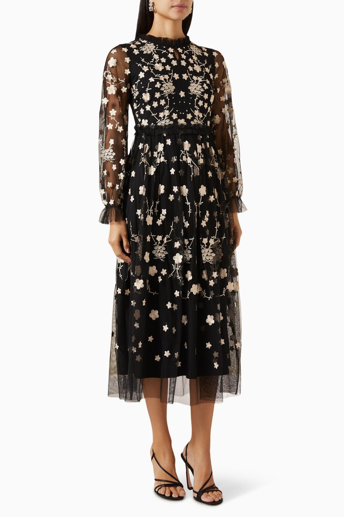 

Floral-embroidered Midi Dress in Tulle, Black