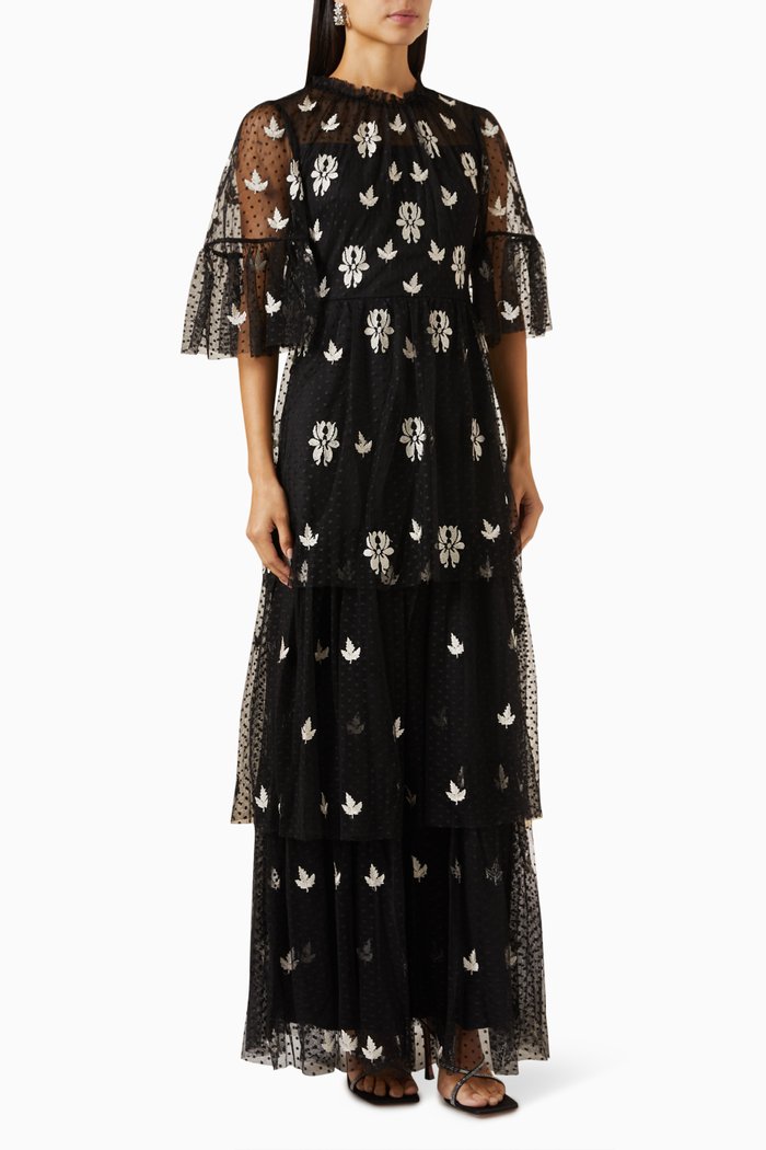 

Floral-embroidered Tiered Maxi Dress in Dot Tulle, Black