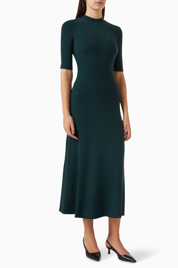 

Ribbed Midi Dress in Wool-blend, Green