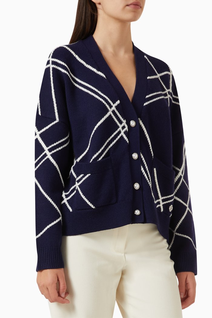 

Striped Embellished Cardigan in Wool-blend, Blue