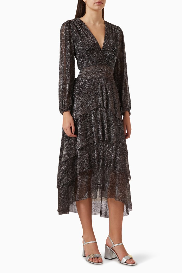 

Pleated Ruffled Midi Dress in Metallic Fabric, Brown